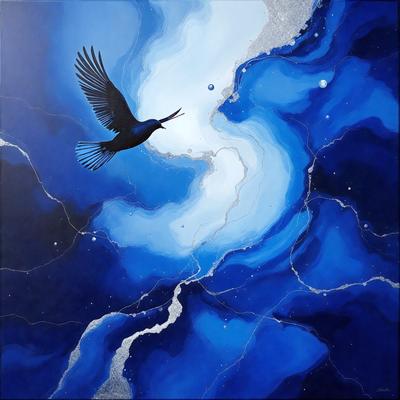 The primary subject of the image is a black bird flying through a blue sky. The bird is positioned in the upper left corner of the image. The setting is a blue sky with a few stars visible, creating a serene and peaceful atmosphere. The visual style of the image is a painting, which adds a sense of artistic expression and creativity to the scene. The colors and mood of the image are predominantly blue, which contributes to the calm and tranquil ambiance.